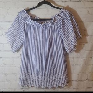 H&M Blue & White Striped Off the Shoulder Top with Eyelet Details